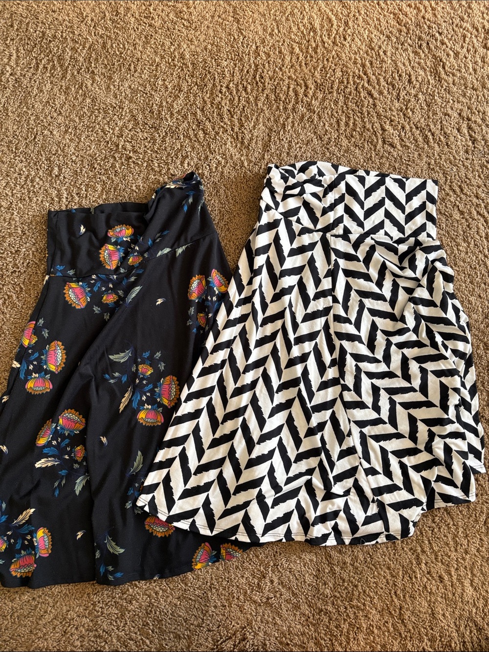 LuLaRoe Black Floral Skirt & Black-White Chevron Circle Skirt